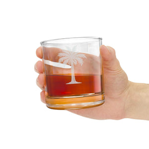 Clear 10.5oz palmetto tree whiskey glass with crescent moon engraving and weighted base