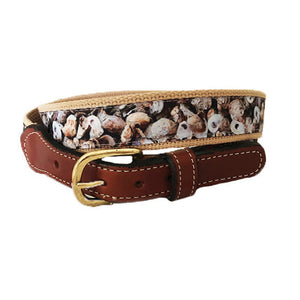 Oystaflage belt with Oyster Half Shell and Mullet Camo patterns, full-grain leather tabs, cotton webbing, and solid brass buckle.