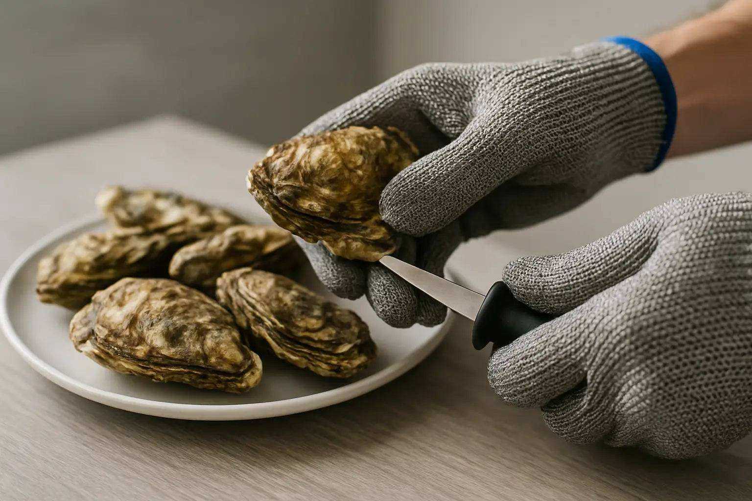 Cut-resistant oyster shucking gloves with textured grip for safe, comfortable shellfish preparation