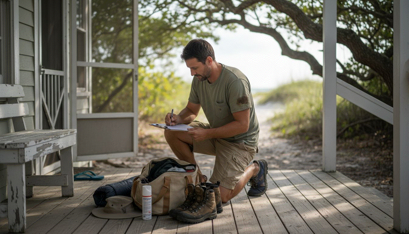 Man organizing essential outdoor gear on porch for Lowcountry trip preparation