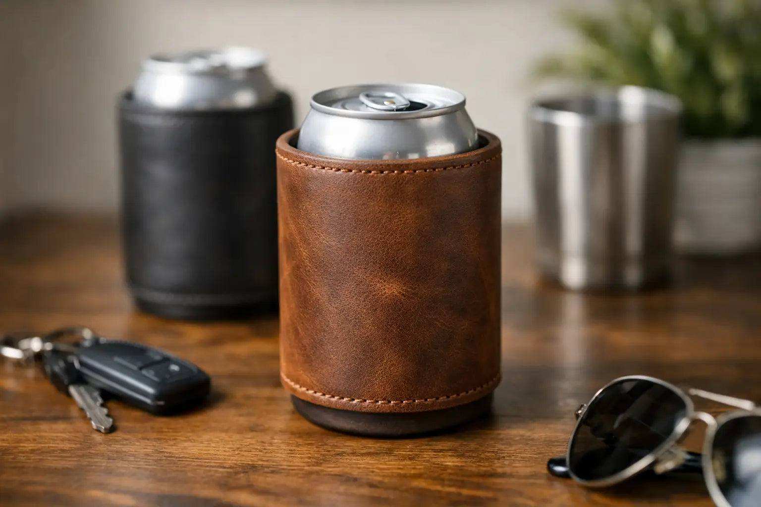 Personalized leather can cooler with custom initials for coastal and outdoor use