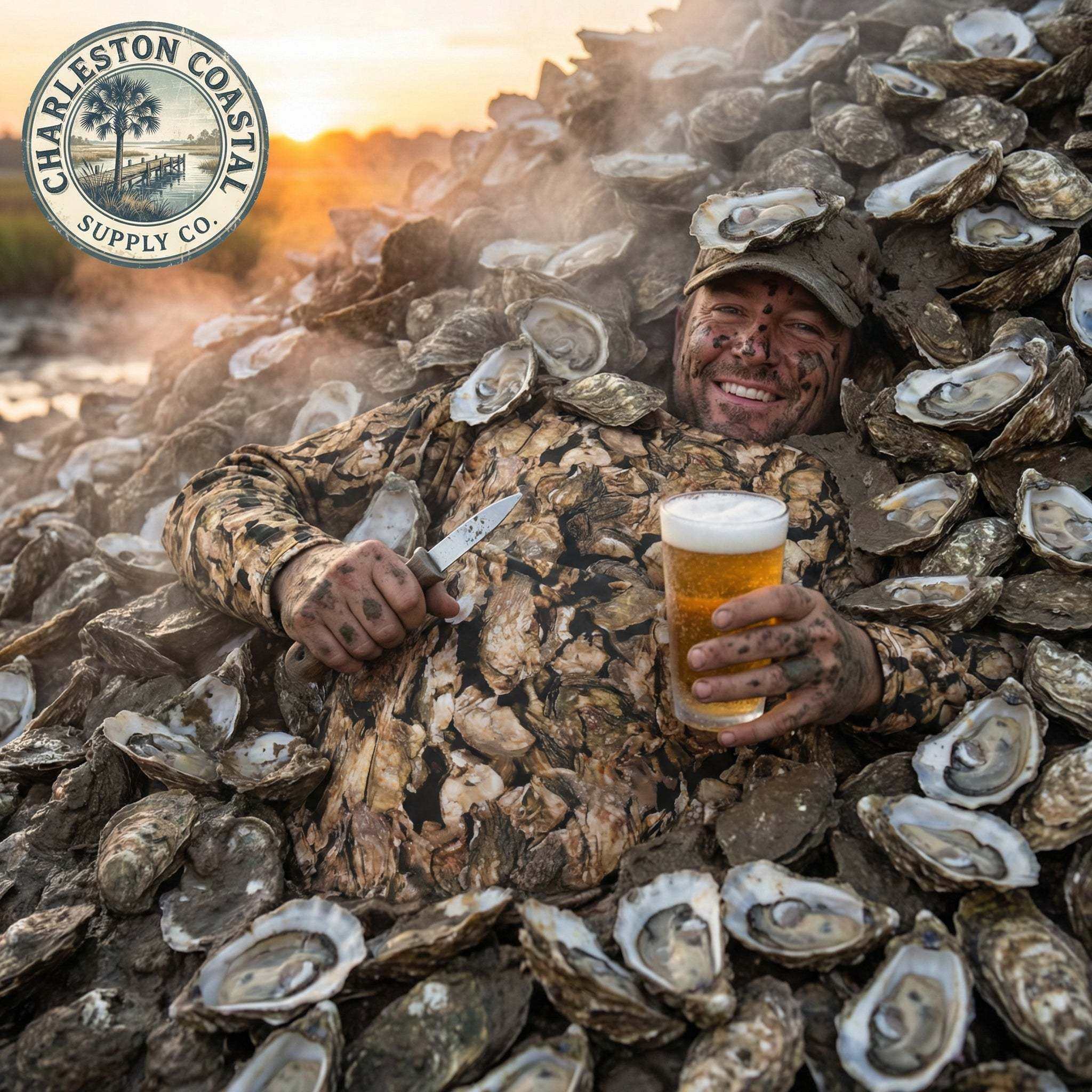 Lowcountry oyster roast with steaming oysters, burlap, and casual outdoor setup