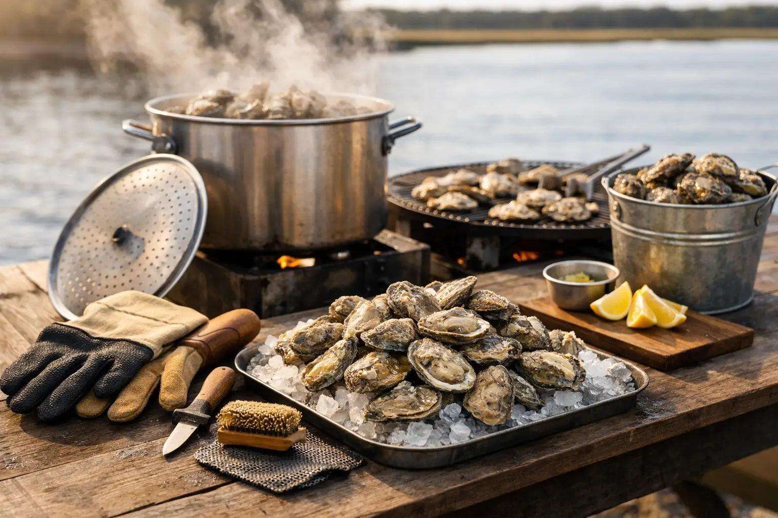 Oyster roast gear essentials including oyster knife, shucking glove, and fire setup for a backyard oyster roast