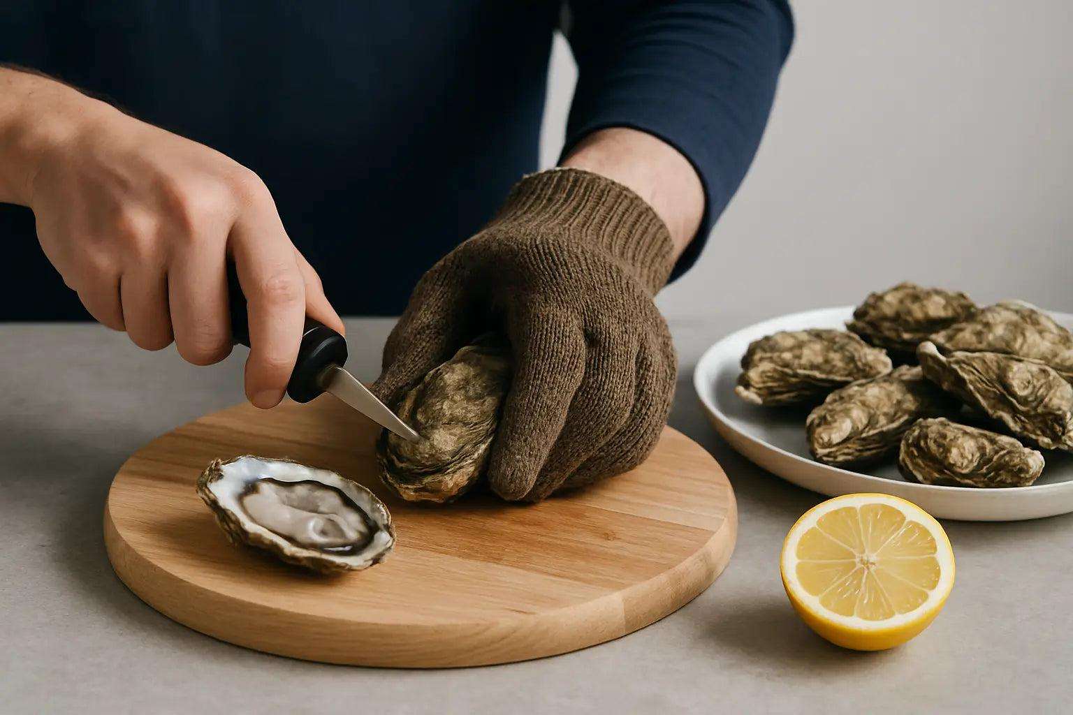 Person shucking oysters at home with oyster knife and glove on a wooden table