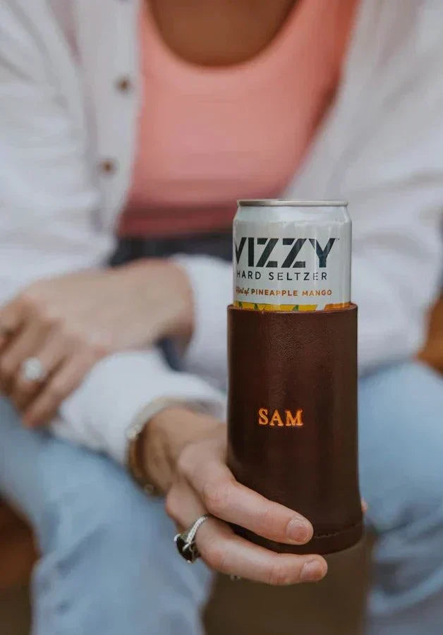 Personalized leather can cooler handcrafted from premium leather for durable and elegant drinkware accessory