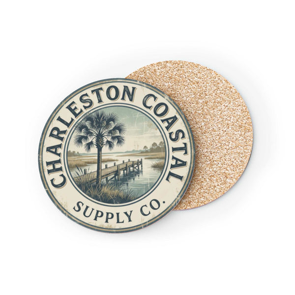 Round Charleston Coastal Supply vintage style cork-backed coaster with coastal dock and palm tree design