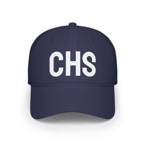 Navy blue CHS hat with embroidered logo, 100% cotton twill, adjustable Velcro strap, and low-profile fit