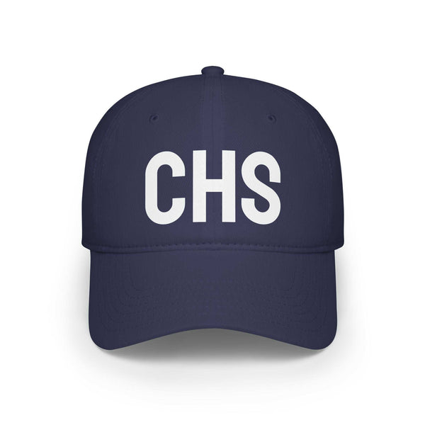 Navy blue CHS hat with embroidered logo, 100% cotton twill, adjustable Velcro strap, and low-profile fit
