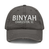 Worn-in Binyah cotton hat with distressed detailing and embroidered lettering for coastal style