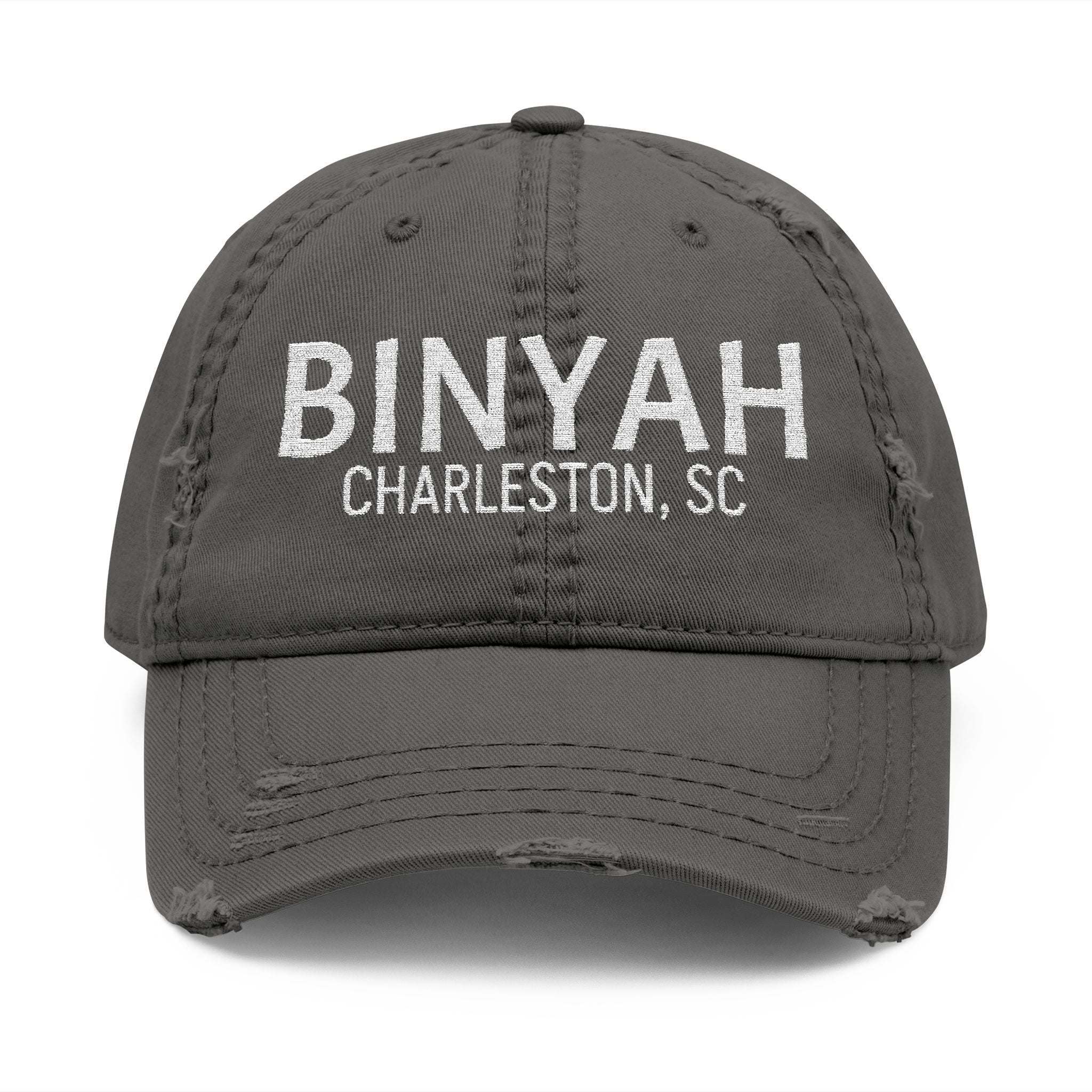 Worn-in Binyah cotton hat with distressed detailing and embroidered lettering for coastal style