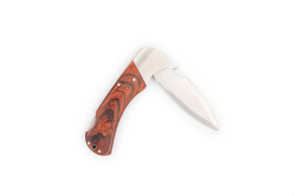 Stowaway Shucker folding oyster knife with beveled stainless steel blade and built-in bottle opener, wood handle.