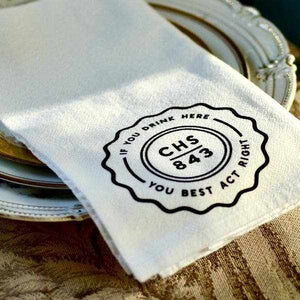 The Charleston Dinner Napkin 100% cotton lint-free flour sack napkin with humorous Charleston city print on white fabric