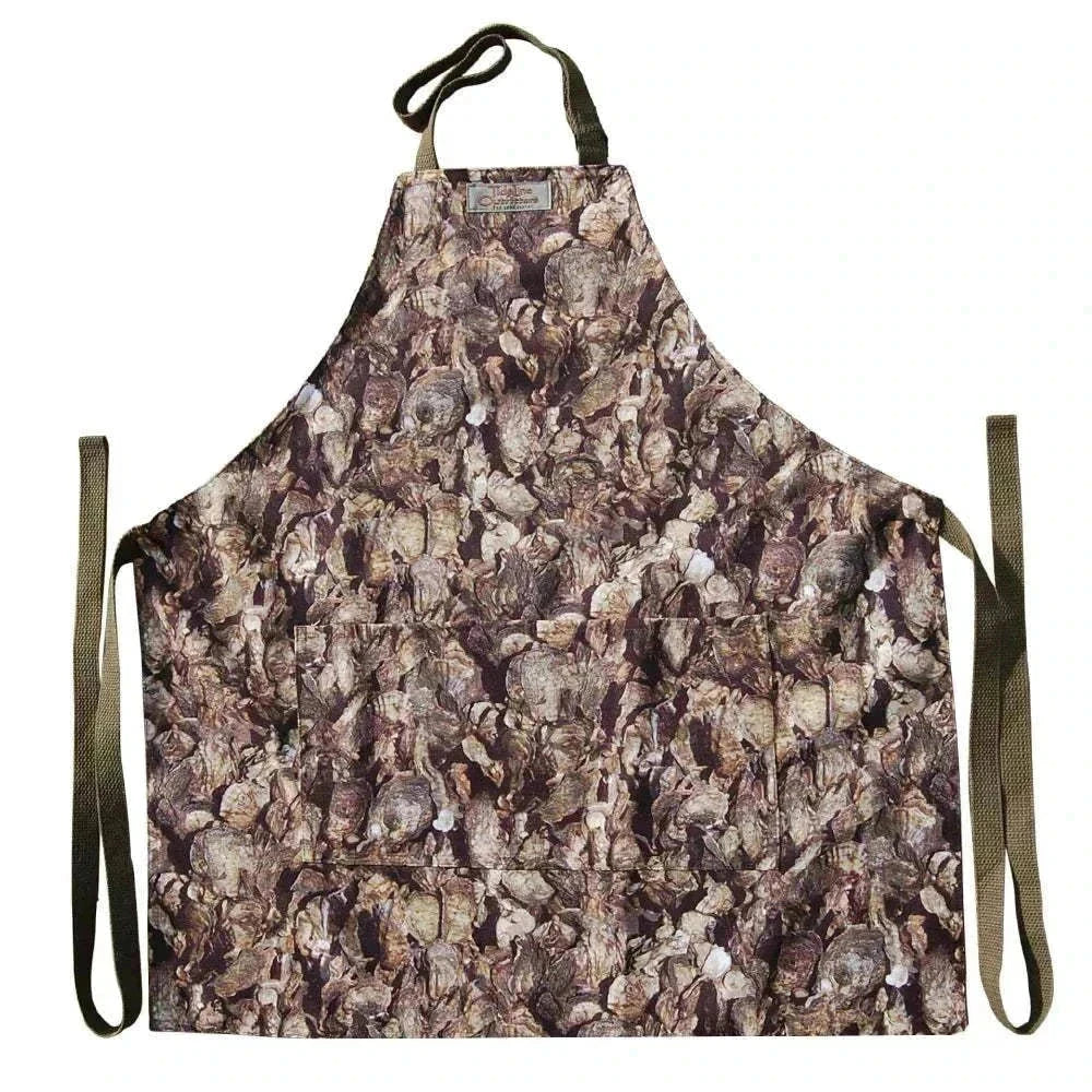 CHS Coastal Supply Cooking Apron with oyster shell design and multiple pockets for grilling and oyster roasts