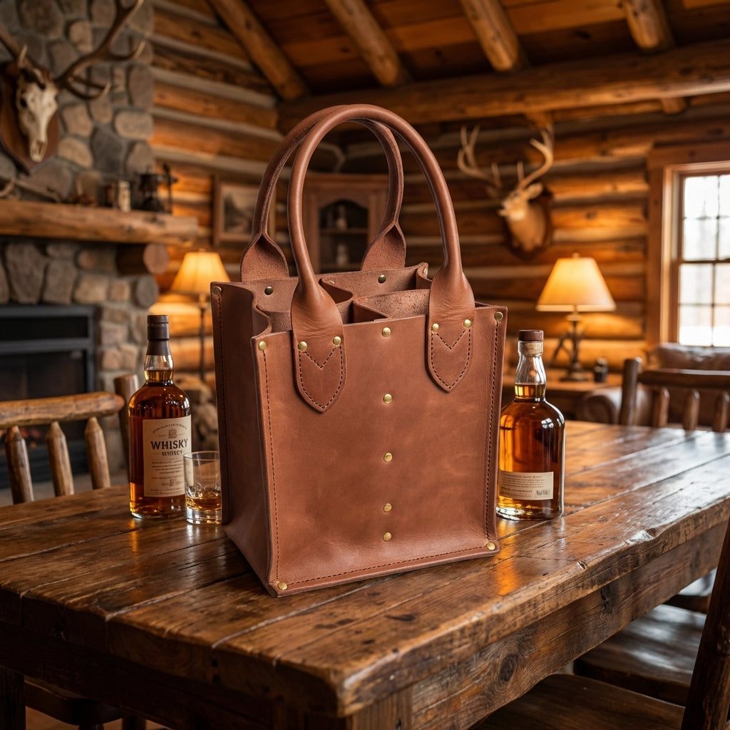 Handcrafted custom leather bottle bag made in South Carolina for outdoor and elegant occasions